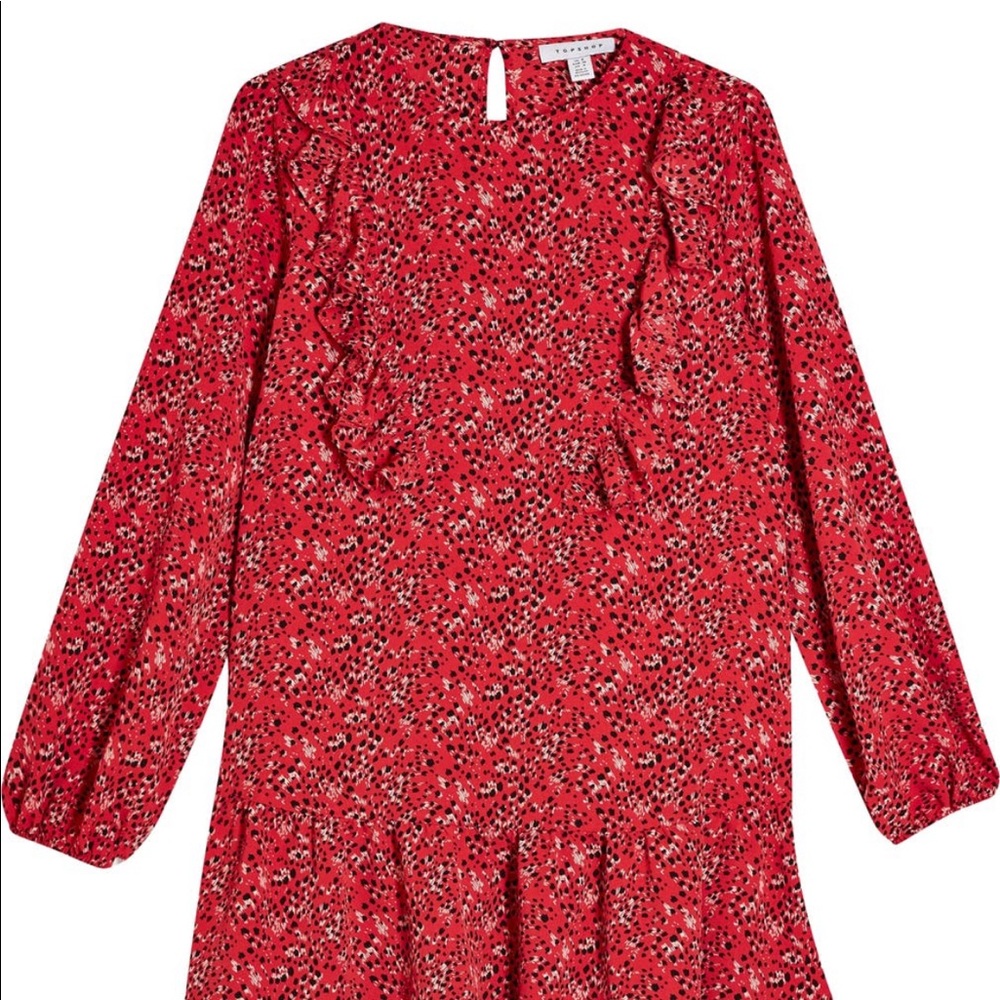 Topshop mini shift dress. Red with ruffle detail on chest. Size 10